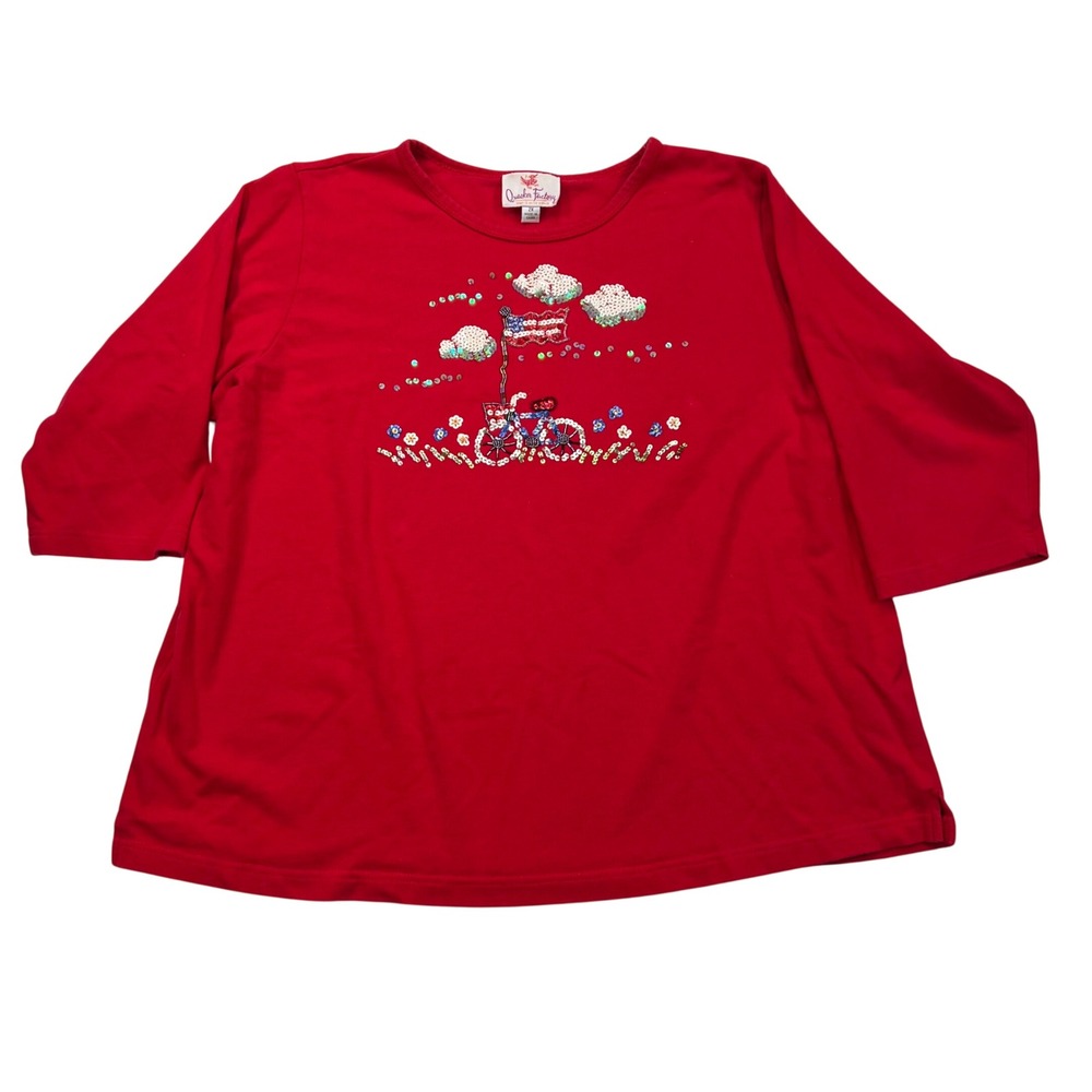 Quacker Factory Patriotic Bicycle Top Womens 2X Red Sequin Beaded 3/4 Sleeve